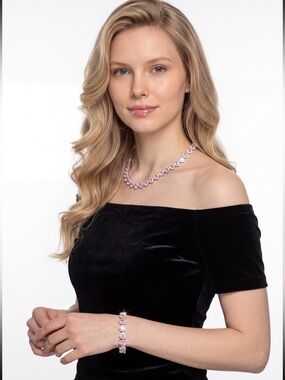Boutique, beautiful Delicate Pink Heart Tennis Bracelet and Necklace Jewelry